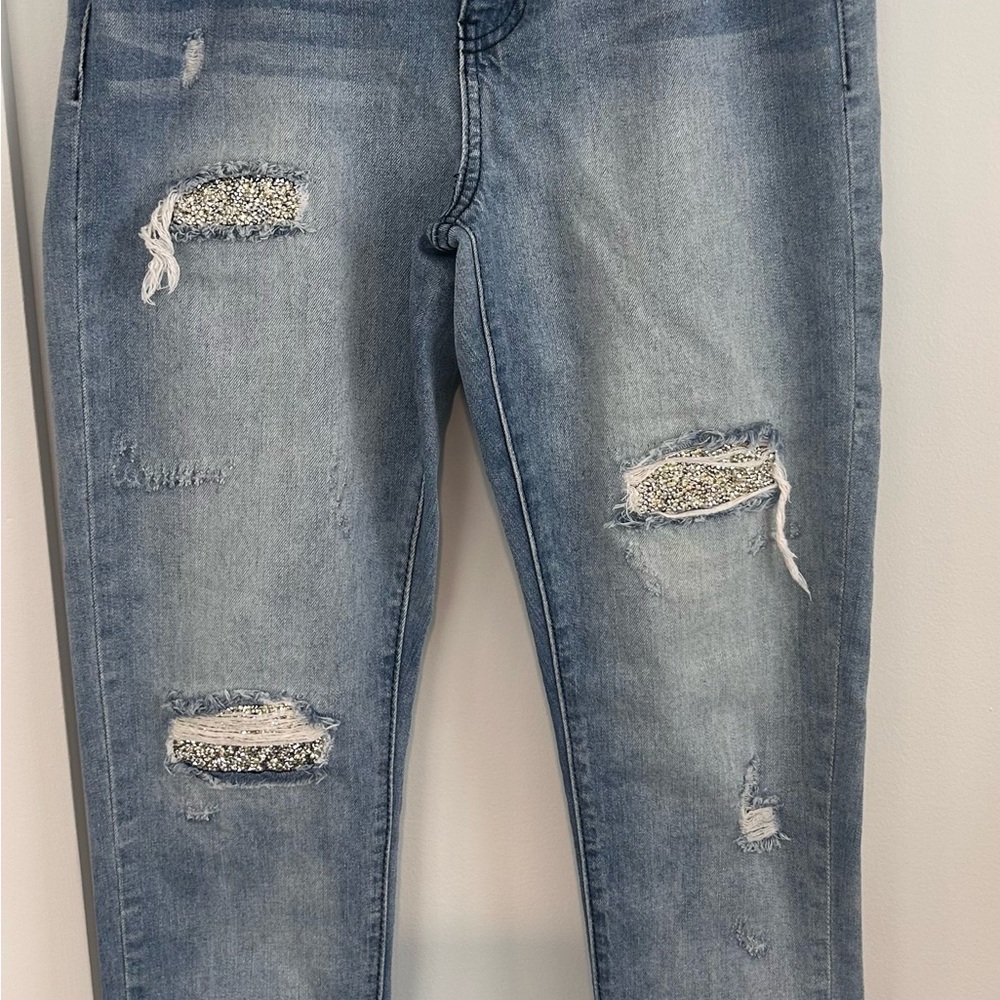 Juicy Couture Light Wash Skinny Jeans with Sequin-Ripped Details